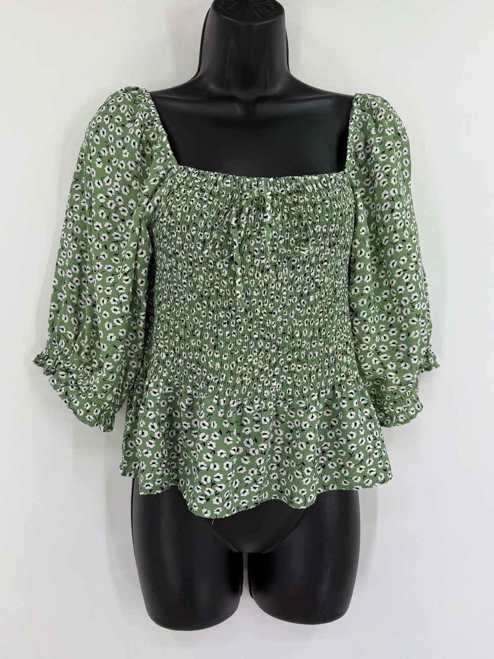 Indigo Rising Cotton Smocked Square Neck Peplum Top | Green Floral | Medium
